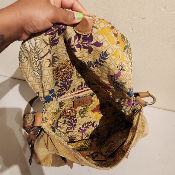 FOSSIL Boho Velour Messenger Bag Bird Bag Charm Leather Accents Y2K 90s Hippie - Picture 2 of 13